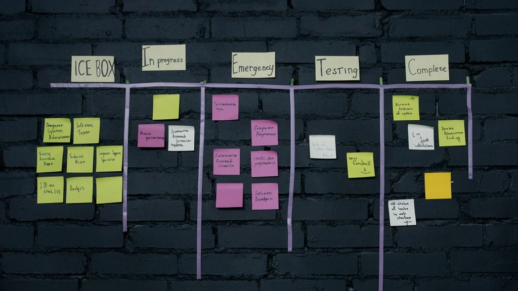 A printed kanban board pinned to a corkboard with index cards.